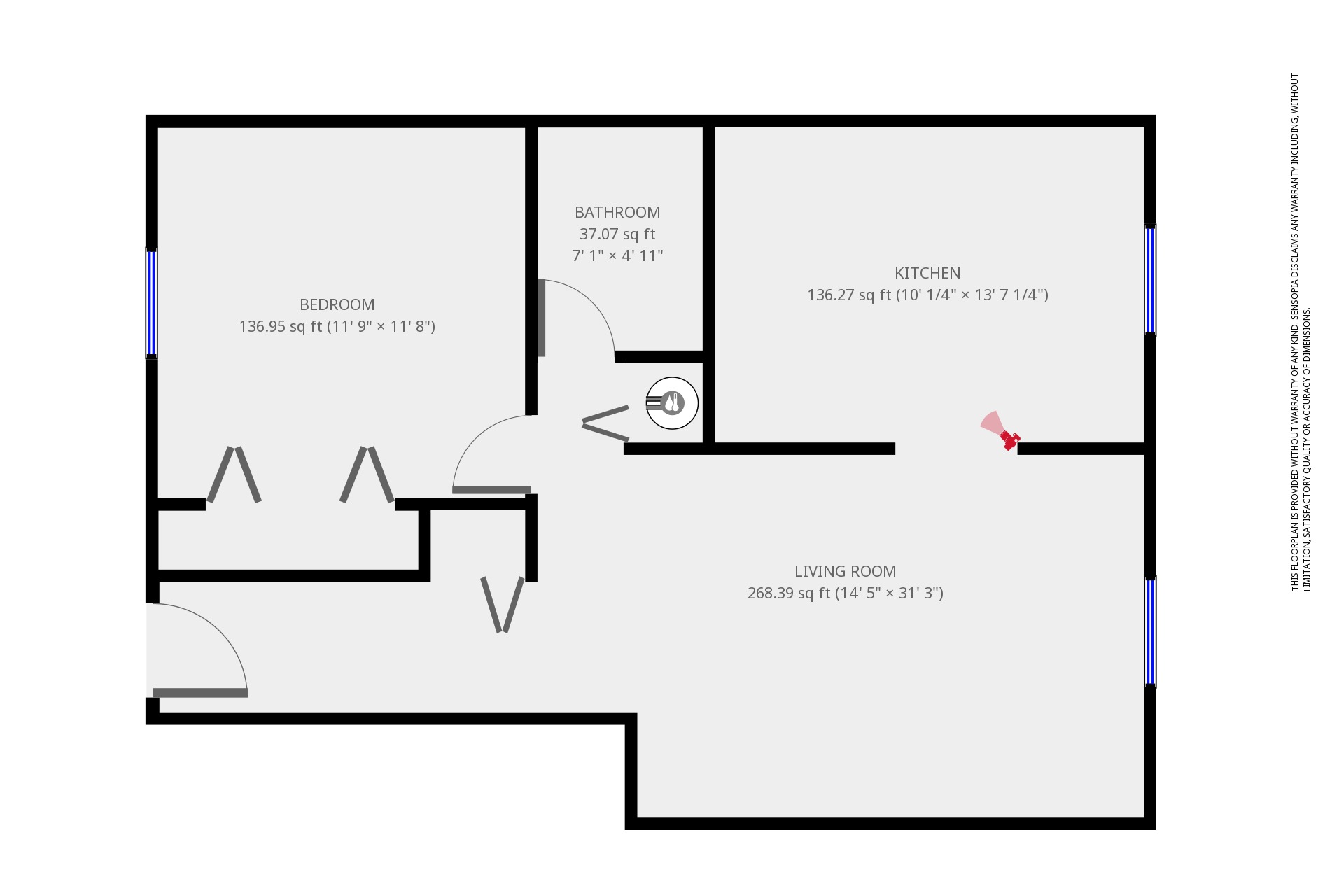 A floor plan of a house with a living room, kitchen, and two bedrooms.